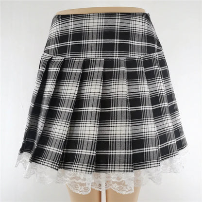 Plaid New Contrast Lace Pleated Vintage Sexy Skater Clothes Harajuku Gothic England Style Y2K Skirt