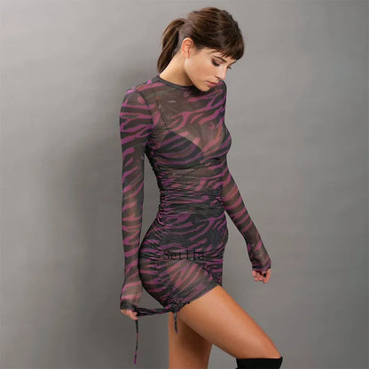 Print Mesh Drawstring Ruched Clubwear Mini Dress