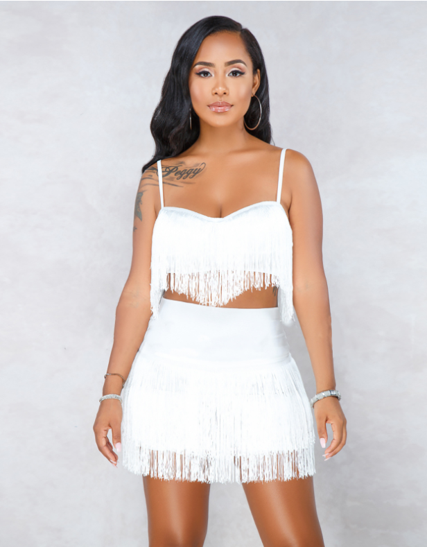 Tassel Embroidery 2 Piece Spaghetti Straps Crop Top