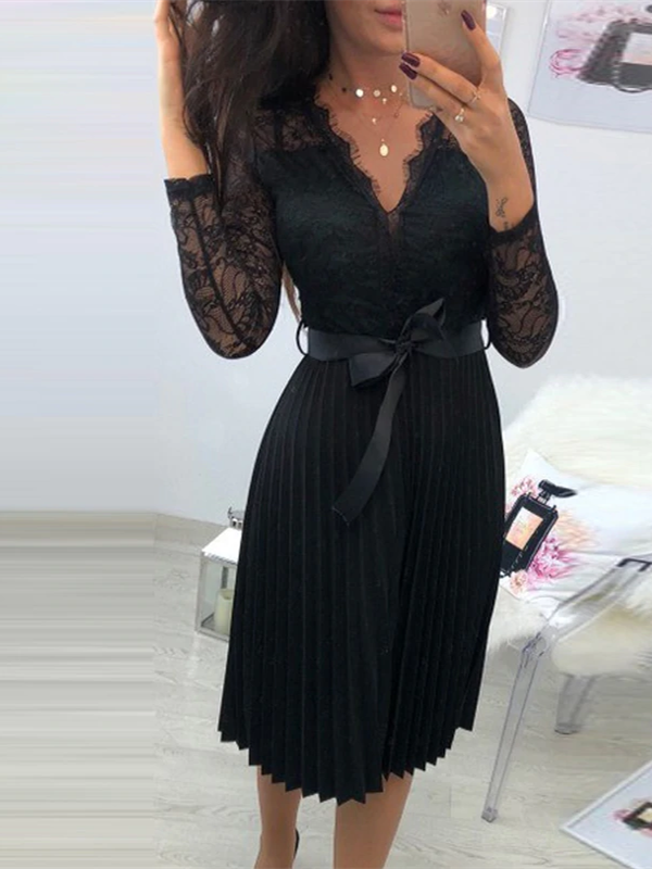 Women's Long Sleeve Casual Lace Pleated Black Ribbon Hollow Chiffon Midi Dress