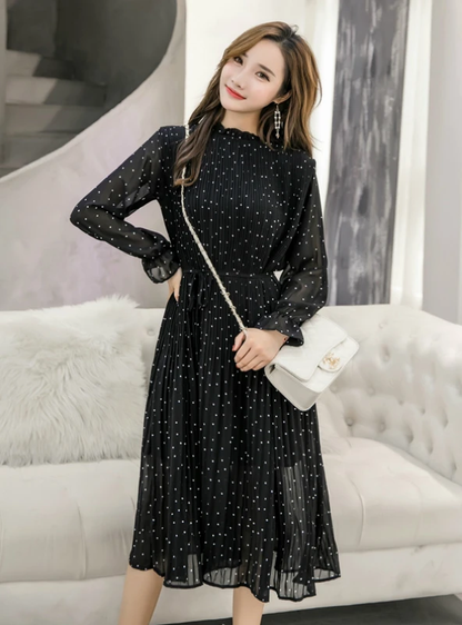 WOMEN POLKA DOT PLEATED DRESS - LONG SLEEVED