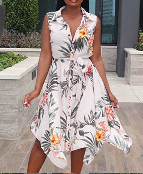 Tropical Print Sleeveless Shirt Dress with Turn Down Collar