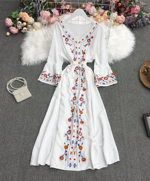 White Embroidered Puff Sleeve Maxi Dress