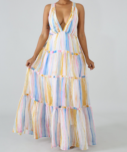 Striped Print Hollow Out Criss Cross Sweet Dress