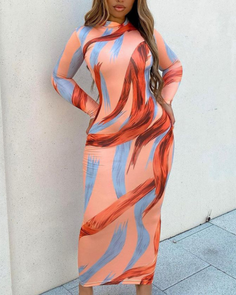 Abstract Full-Length Design Long Arm Dress