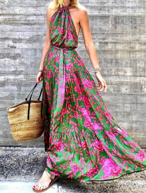 Beach Floral Halter-neck Backless Bohemia Maxi Dress