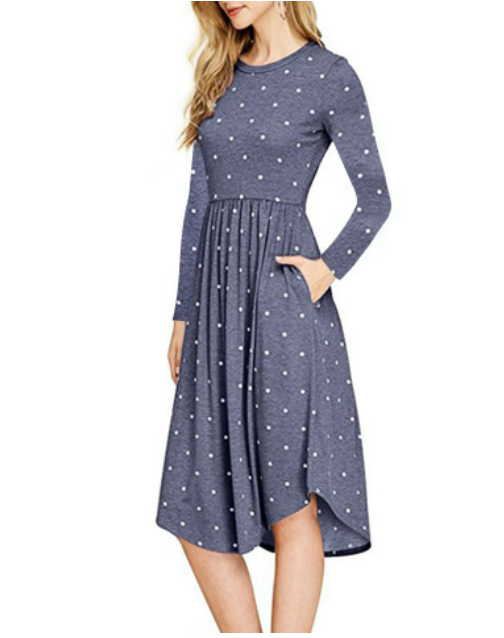 Summer Women's Polka Dot Midi Dress with Pleated Pocket