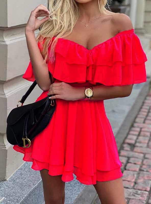 Women's V-Neck Off Shoulder Ruffle Fit Flare Dress