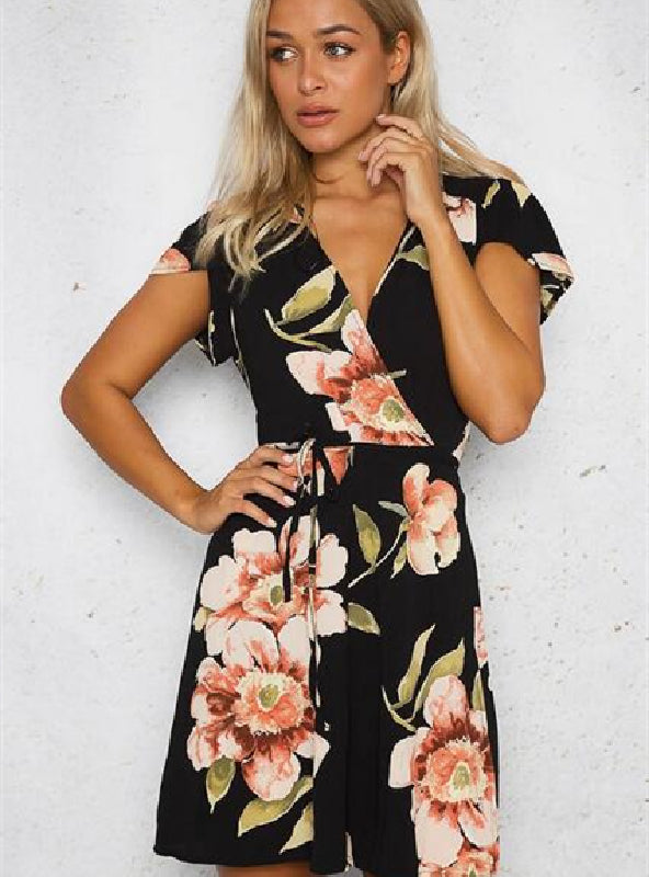 Wrap Arm Mini Flowered Cap Dress