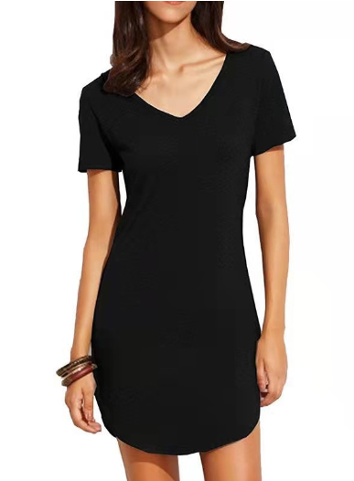 Women's Short Sleeved V-Neck Solid Loose Dress