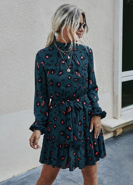 Ruffle Hem Shirt Dress with Pretty Print