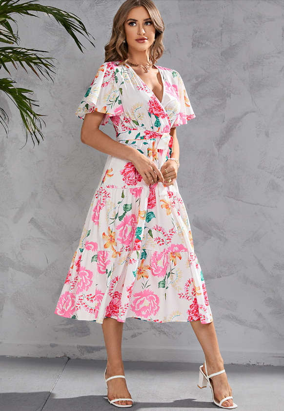 Women's Summer Floral V-Neck Short Sleeve Dress with Belt - Chiffon Mid-Length Boho Beach Sundress