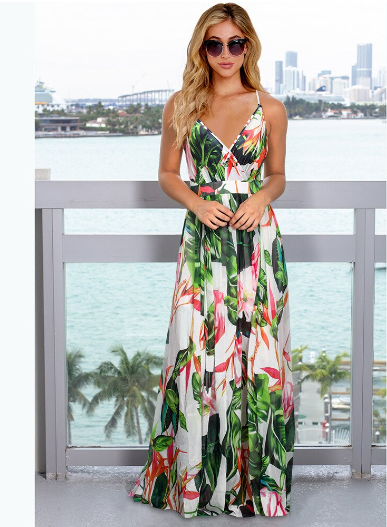 Women's Deep V Neck Floral Print Beach Sling Maxi Dress