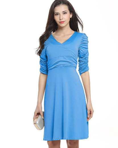 Sexy V-neck Pleated Short-sleeved Solid Color Dress