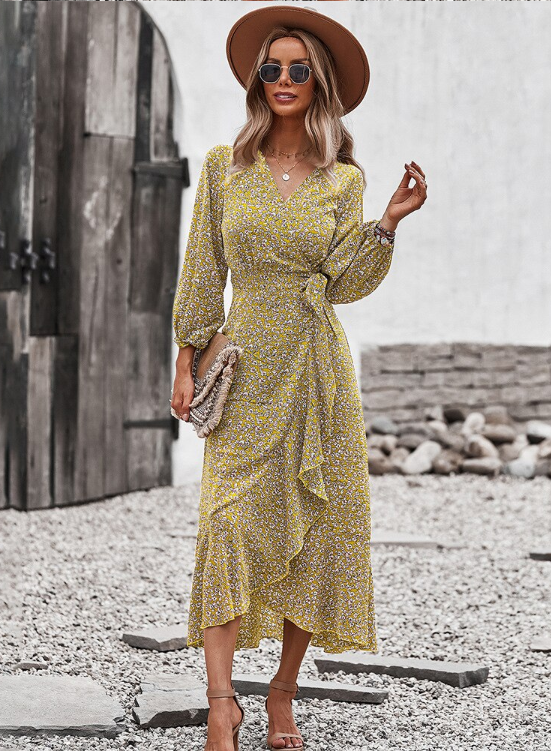 V Neck Full Sleeve High Waist Bandage Print Dress for Spring/Autumn