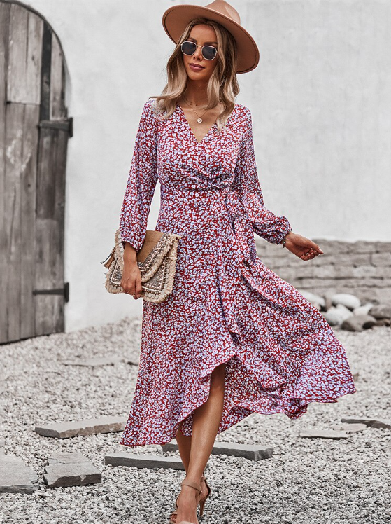 V Neck Full Sleeve High Waist Bandage Print Dress for Spring/Autumn