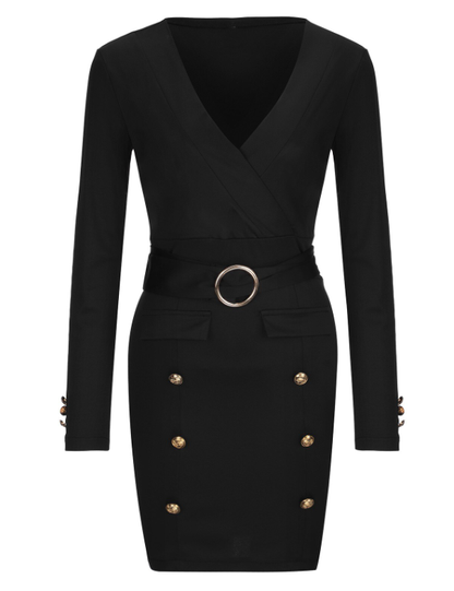 Women Double-Breasted Belted Blazer Long Sleeve Party Dress