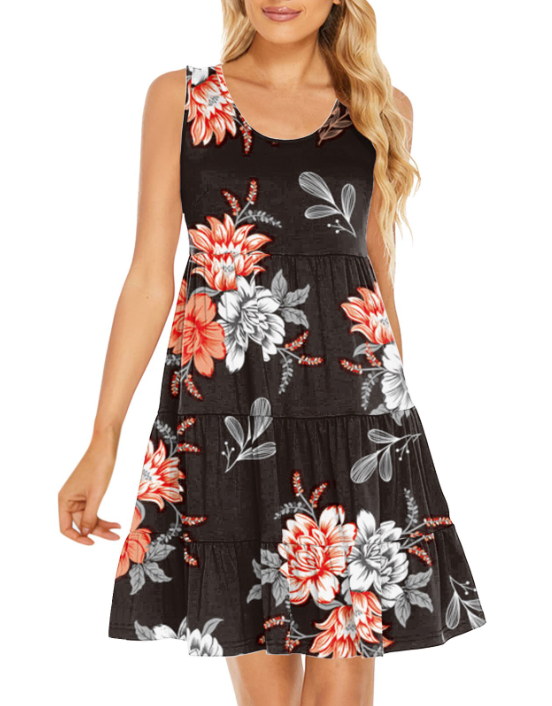 with Flowy Flowered Swing Sleeveless Neck Design Tiered Coastal - and Gown Mini Scoop Sundress