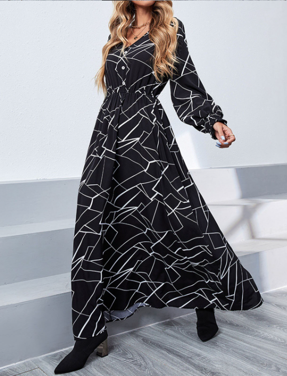 Women Long Skirt Dress with Ruffles and V Neck - Long Sleeved Temperament Dress