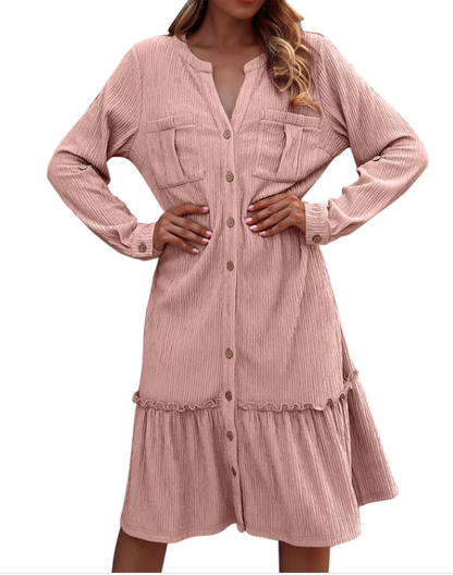 Solid Color Loose Waist Slim Long Sleeve Shirt Dress with Button Ruffles