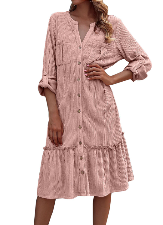 Solid Color Loose Waist Slim Long Sleeve Shirt Dress with Button Ruffles