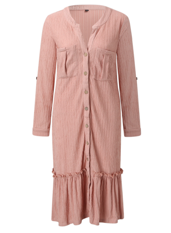 Solid Color Loose Waist Slim Long Sleeve Shirt Dress with Button Ruffles