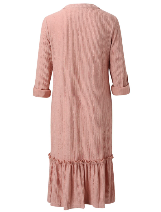 Solid Color Loose Waist Slim Long Sleeve Shirt Dress with Button Ruffles