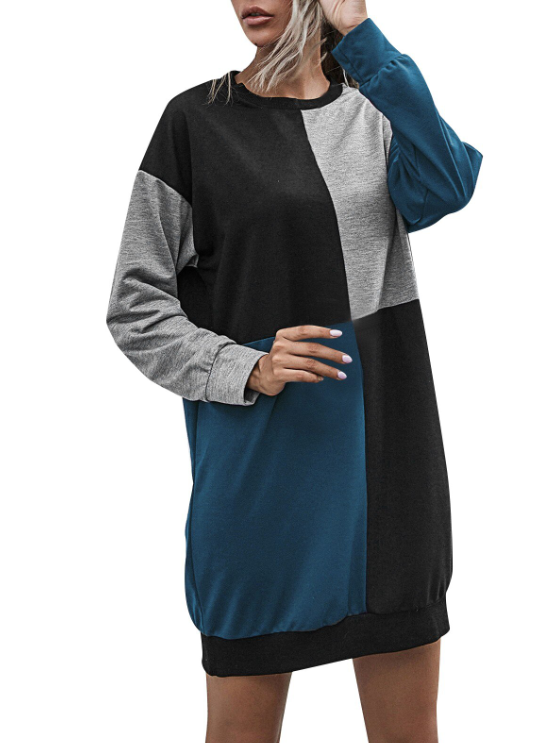 Womens Casual Pullover Sweater Long Sleeve Colorblock Top Dress