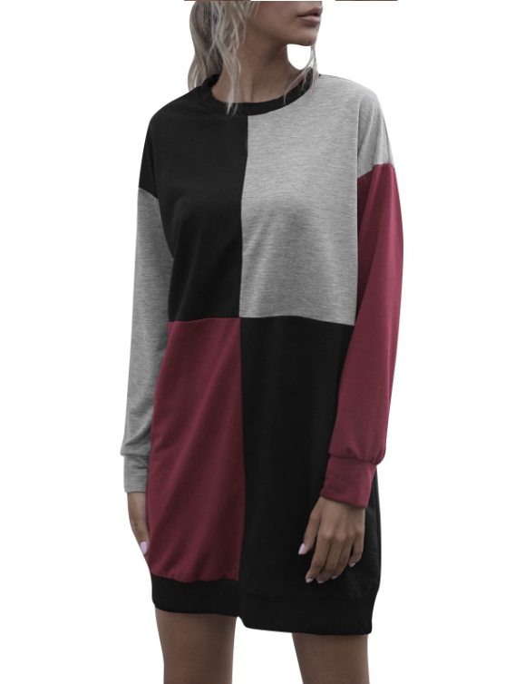 Womens Casual Pullover Sweater Long Sleeve Colorblock Top Dress