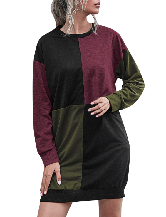 Womens Casual Pullover Sweater Long Sleeve Colorblock Top Dress