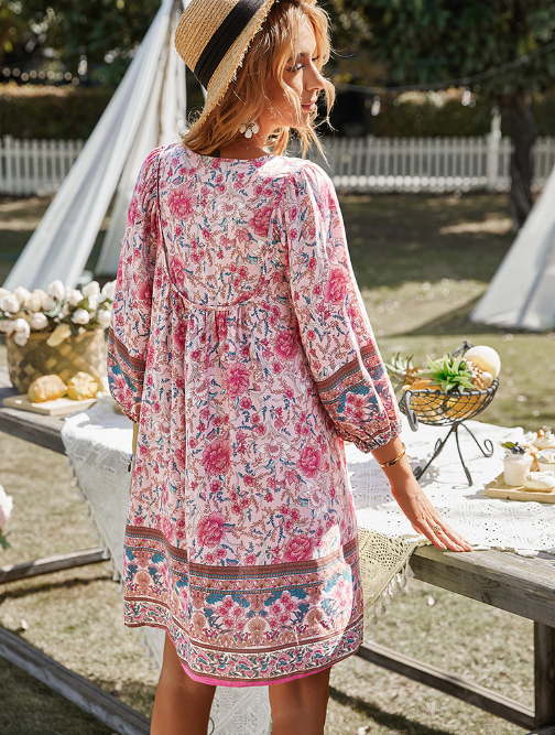 Boho Beach Dress Female Vintage Dress Printed Mini Casual 3/4 Sleeve Loose Elegant