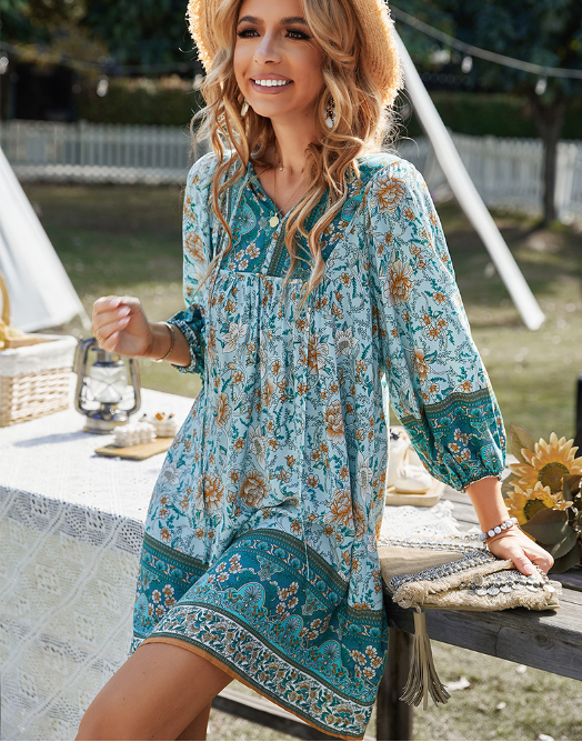 Boho Beach Dress Female Vintage Dress Printed Mini Casual 3/4 Sleeve Loose Elegant