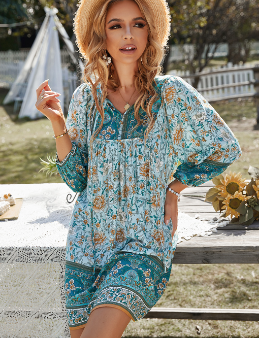 Boho Beach Dress Female Vintage Dress Printed Mini Casual 3/4 Sleeve Loose Elegant