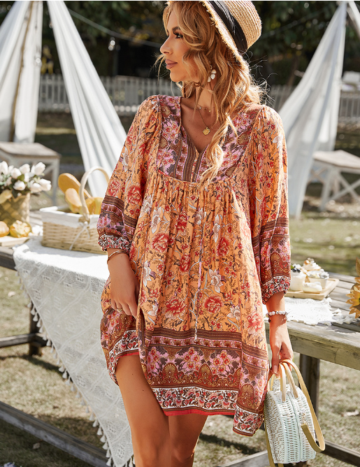 Boho Beach Dress Female Vintage Dress Printed Mini Casual 3/4 Sleeve Loose Elegant