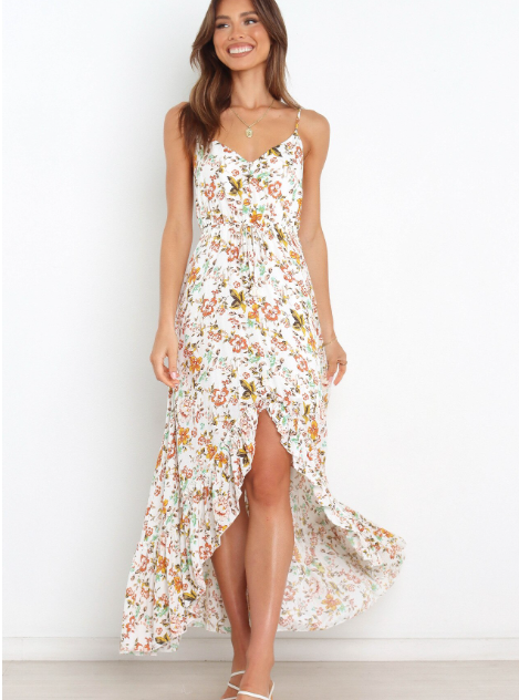 Sexy V-Neck Spaghetti Strap Print Sundress with Ruffles