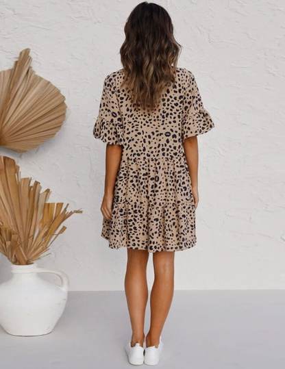 Women's Mini Leopard Print Ruffle Sleeve V Neck Dress - Summer Style