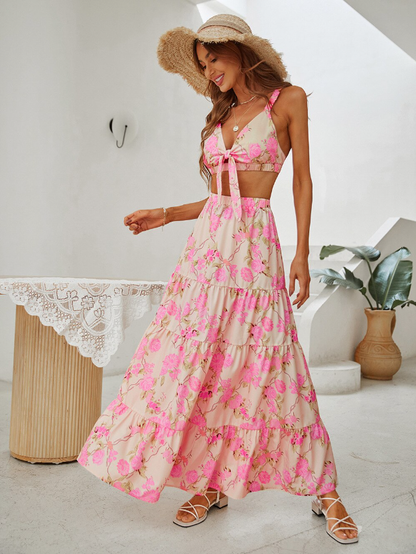 Boho Floral Print Skirt Set with V Neck Crop Top and High Waist Long Skirt for Summer