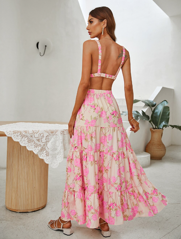 Boho Floral Print Skirt Set with V Neck Crop Top and High Waist Long Skirt for Summer