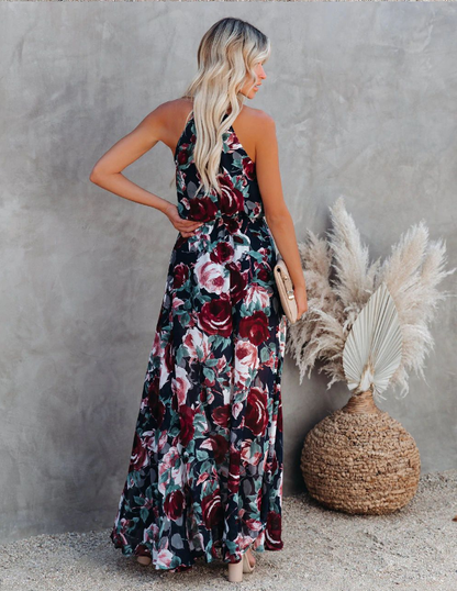 Bohemian Split Women Halter Gown Warm-Season Design Coastal Sleeveless Full-Length Dress