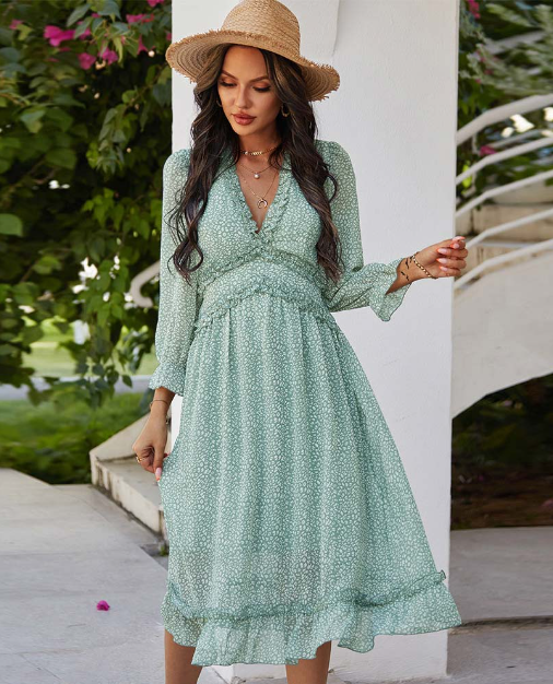 Spring V Neck Print Dress with Butterfly Sleeves and High Waist Ruffles in Chiffon Midi Length