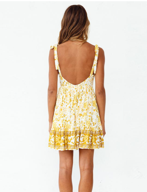 Spaghetti Strap Print Backless Mini Dress V-Neck Summer Holiday Women's Dress