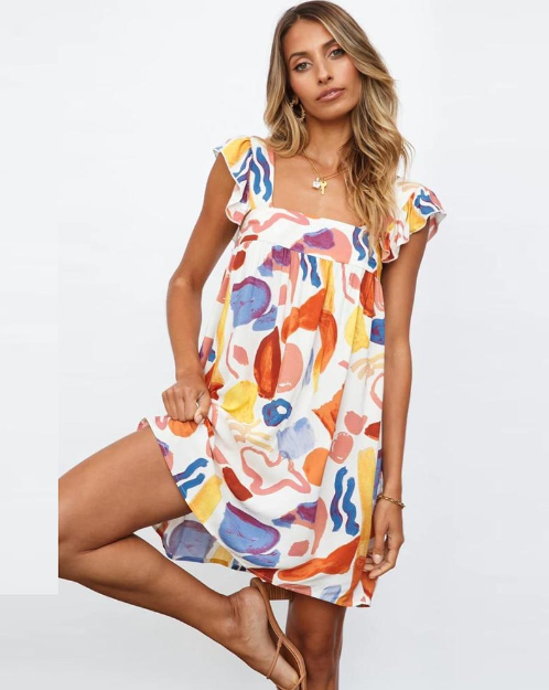 Women's Summer Strap Mini Dress - Loose Print