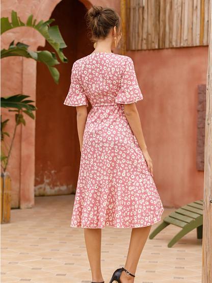 Boho Floral Print Vintage Midi Dress with Ruffle Sleeves for Women