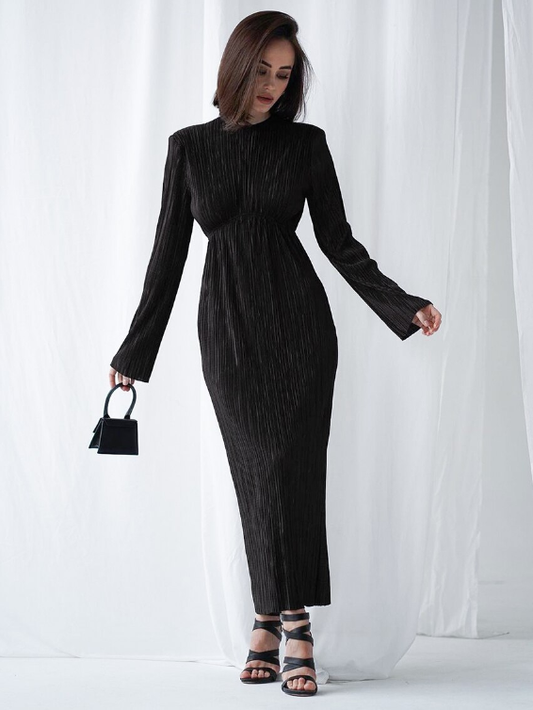 Autumn Party Dress for Women - Slim Fit with Pleated Detail and Long Sleeves