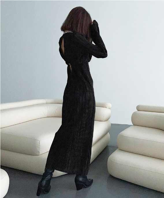 Autumn Party Dress for Women - Slim Fit with Pleated Detail and Long Sleeves