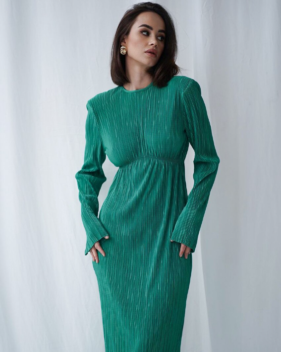 Autumn Party Dress for Women - Slim Fit with Pleated Detail and Long Sleeves