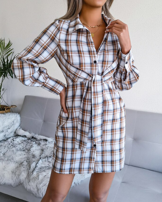 Women's Long Sleeve Lace-Up Shirt Dress - Single-Breasted Cotton Linen Autumn Print