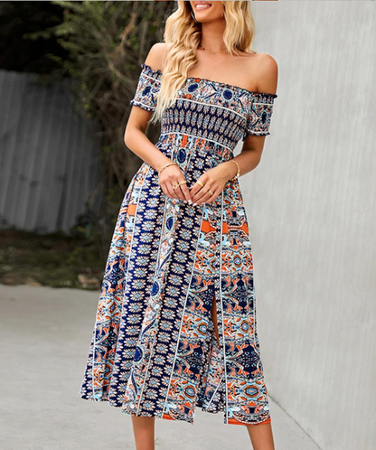 Waist Neck Puff Full-Length with Flowered Shoulder Arm Vintage Slash and Off Gown Bohemian Split