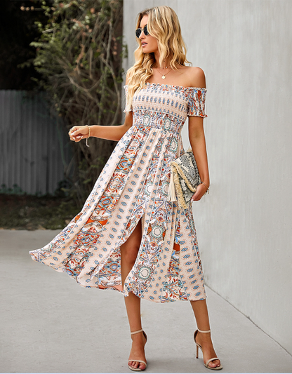 Waist Neck Puff Full-Length with Flowered Shoulder Arm Vintage Slash and Off Gown Bohemian Split