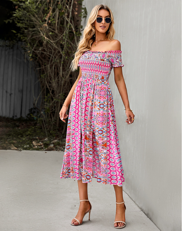 Waist Neck Puff Full-Length with Flowered Shoulder Arm Vintage Slash and Off Gown Bohemian Split